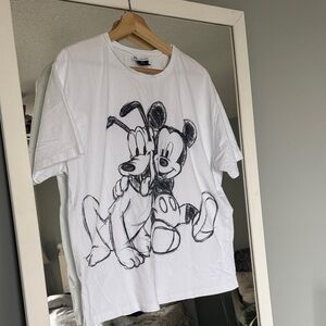 Zara Disney White Tee with Mickey and Pluto Sketch